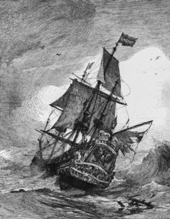 Hansa warship in the 17th century, Hanseatic League, heavy seas, storm, three-master, flag, coat of