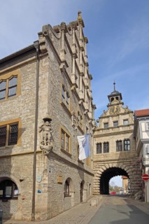 Renaissance town hall built in 1580 and historic Main Gate, town gate, gate tower, Marktbreit,
