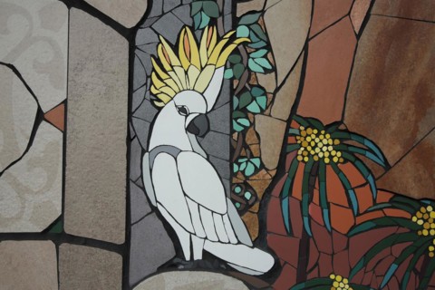 Wall mosaic with yellow-crested cockatoo by Isidora Paz Lopez 2019, one, white, yellow, bird