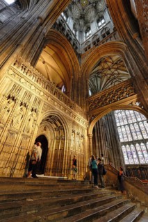 View upwards into the Bell Harry church tower, Romanesque and Gothic, Canterbury Cathedral, The