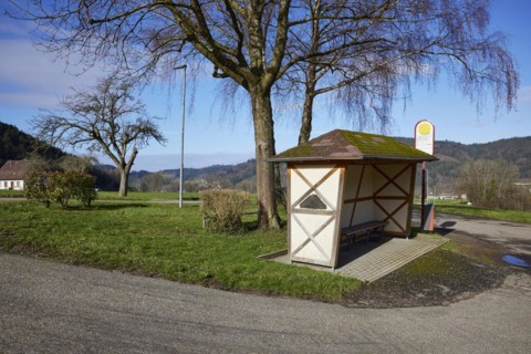 Bus bend, bus stop with bus shelter and wintry trees in Waldkirch, Emmendingen district,