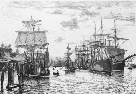 Hamburg harbour, moorings, dolphins, many sailing ships, landing stage, rowing boats, trade,