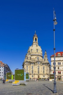 Tourist scene in front of the Church of Our Lady on the Neumarkt in Dresden, Saxony, Germany, for