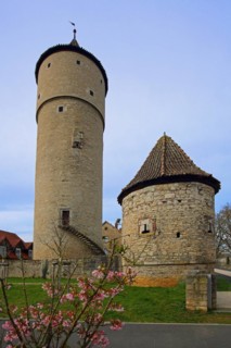 Historic cent defence tower with town wall, fortified tower, town fortification, Ochsenfurt, Lower