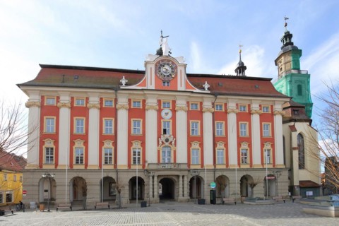 Baroque town hall built in 1717 Landmark and steeple of St Kilian's Church, market square, Bad