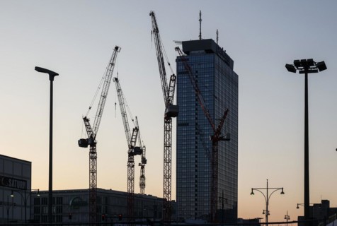 Cranes at the construction site of the Covivio high-rise, next to the Park Inn by Radisson Berlin