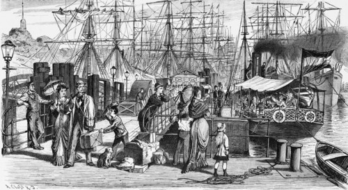 Pleasure at the Hamburg jetties, harbour, many sailing ships, masts, steamship, excursion ship,