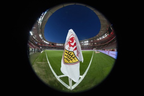 Corner flag, logo, VfB Stuttgart, Bundesliga, interior, floodlit match, blue hour, MHPArena, MHP