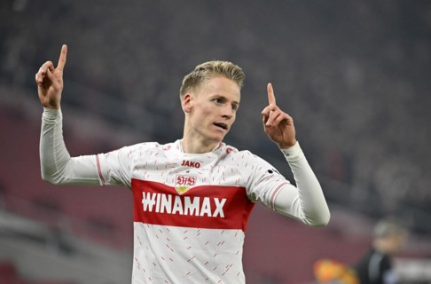 Goal celebration Chris Fuehrich VfB Stuttgart (27) Gesture Gesture MHPArena, MHP Arena Stuttgart,