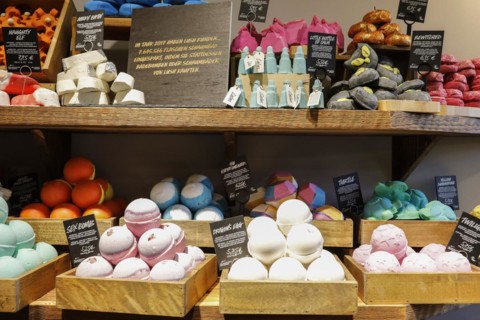 Unpackaged Lush cosmetic products.240 sustainable alternatives to packaged cosmetics are offered in