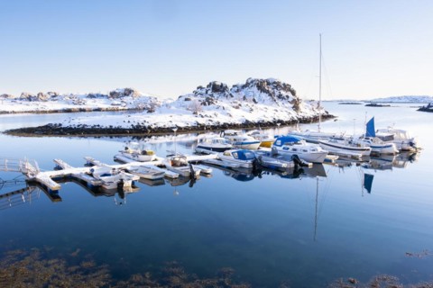 Lofoten, Norway. Solvaer, Nordland province. Pleasure craft in a side bay, Svolvaer, Nordland,