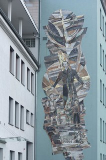Monument and wall mosaic with priest Paul Josef Nardini, children, figures, tiles, arts and crafts,