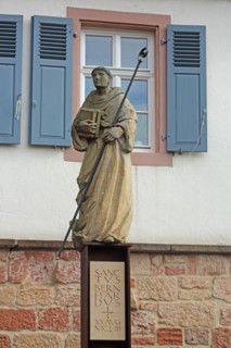 Sculpture and monument to the monk Sanctus Bernardus, Bernhard von Clairvaux, with crosier, saint,