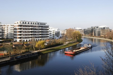 A barge loaded with sand sails on the Spree in the Charlottenburg district of Berlin, Berlin,