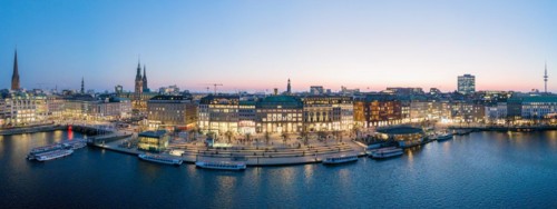Aerial view as a panorama of the Jungfernstieg with Inner Alster Lake at blue hour, Hamburg,