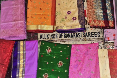 Colourful selection of saris with different patterns at a market, Varanasi, Uttar Pradesh, India,