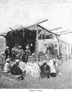 Coffee house in Giza, Cairo, Egypt, Orient, men, Arabs, turban, sitting, drinking coffee, outdoors,