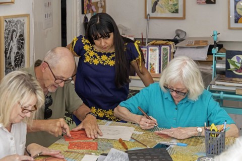 Oaxaca, Mexico, Alejandra Canseco Alhil leads an engraving workshop at her art studio, Alalimon