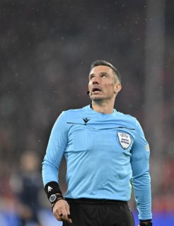 Referee Referee Slavko Vincic (SVN) Looking up, rain, Champions League, CL, Allianz Arena, Munich,