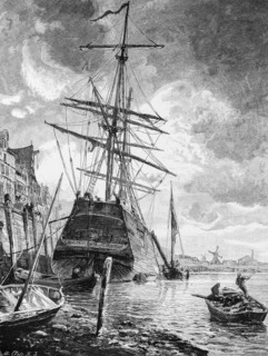 Maid Lucia of Glueckstadt, Elbe, harbour, tall ship, masts, rowing boat, building,