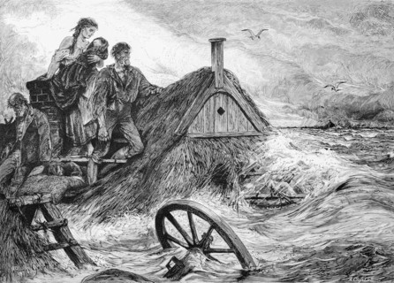 Storm surge, North Sea, coast, landfall, family, distress, disaster, sinking, thatched house,