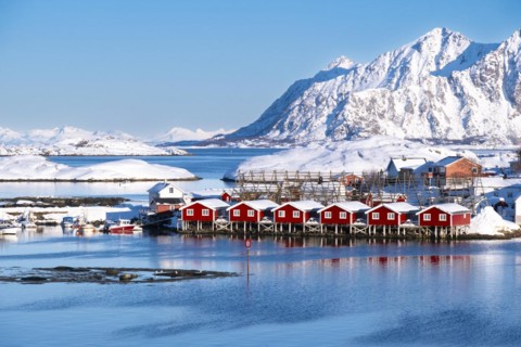 Lofoten, Norway. Solvaer, Nordland province. Holiday flats, Svolvaer, Nordland, Lofotoen, Norway,