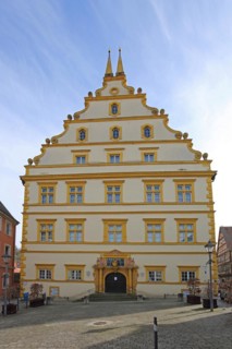 Renaissance castle built in 1580 with tail gable, yellow, Marktbreit, Lower Franconia, Franconia,