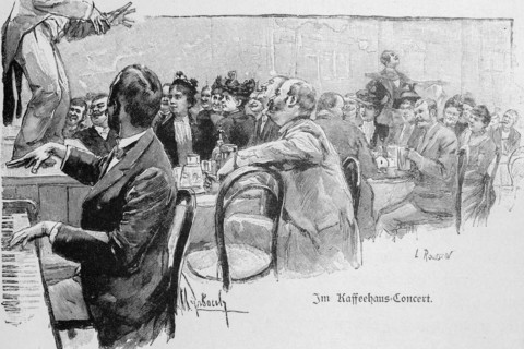 Concert in a coffee house, Vienna, music, piano player, performance, audience, set tables, waiter,