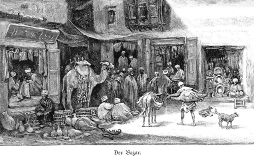 Bazaar in Cairo, Egypt, small shops, trade, many men, souk, camel, donkey, dog, Africa, historical