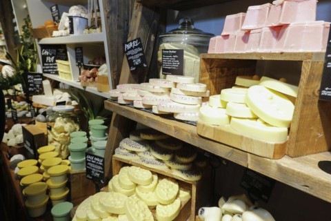 Unpackaged Lush cosmetic products.240 sustainable alternatives to packaged cosmetics are offered in