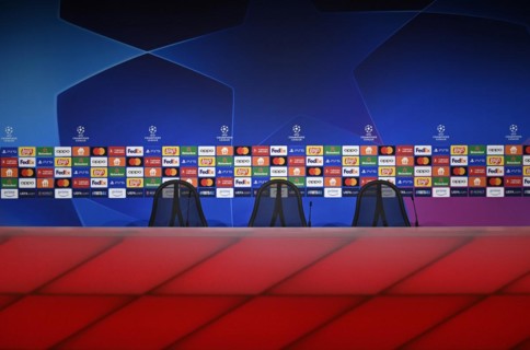 Press centre, podium, sponsors, logo, FC Bayern Munich FCB, Champions League, CL, Allianz Arena,