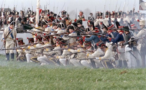 Actors in historical uniforms re-enact the battle in historical battle scenes on the 185th