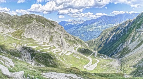 Photo with reduced dynamic saturation HDR of south ramp driveway from steep pass road steeply