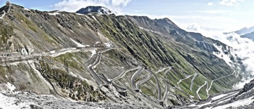 Photo with reduced dynamic saturation HDR of north ramp driveway from steep pass road steeply