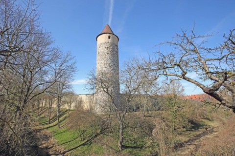 Historic owl defence tower with town wall, town fortification, defence tower, Iphofen, Lower