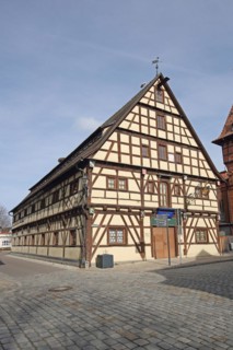 Historic ox farm former barn and today's museum, half-timbered house, Bad Windsheim, Middle