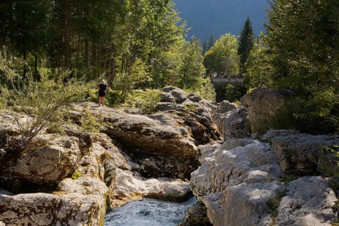 Soca River, narrow limestone gorge with rapids, small Soca troughs, Soca Valley, Mala korita Soce,