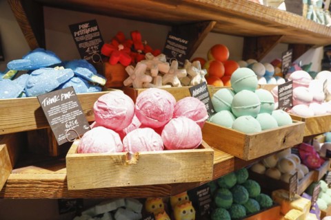 Unpackaged Lush cosmetic products.240 sustainable alternatives to packaged cosmetics are offered in
