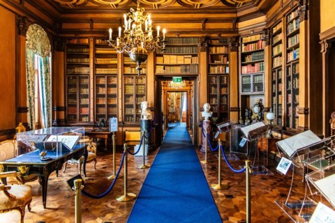 Library, neo-renaissance, neo-baroque style interiors, Miramare Castle with magnificent view of the