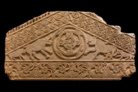 Gable of the ciborium with four animals facing a round geometric shape, Museo Cristiano with