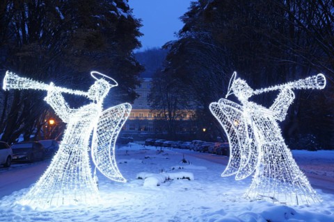 Illuminated Christmas angels, Karlovy Vary, Czech Republic, Karlovy Vary, West Bohemia, Czech
