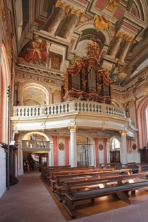 Interior view with organ and ceiling fresco by Giovanni Francesco Marchini 1729, gallery, mock