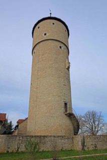Historic cent defence tower with town wall, defence tower, Ochsenfurt, Lower Franconia, Franconia,