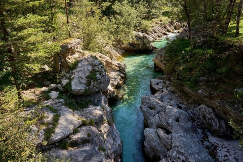Soca River, narrow limestone gorge with rapids, small Soca troughs, Soca Valley, Mala korita Soce,