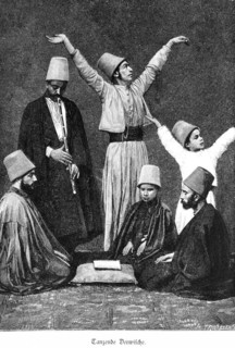 Dancing dervishes, Cairo, Egypt, group, music, flute, hat, Africa, historical illustration 1890,