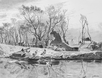 Canal in East Frisia, Lower Saxony, rural idyll, rowing boats, farmhouse, transport of peat,