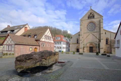 Romanesque abbey church with fountain stone, church square, Otterberg, Palatinate Forest,