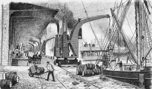 Steam-driven crane unloading ships in Hamburg harbour, quay, horse-drawn carriage, steam ship,