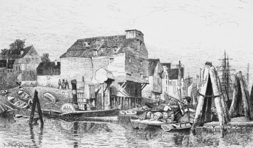 Warehouse in Altona on the Elbe, harbour, paddle steamer, sailing ships, masts, rowing boats,