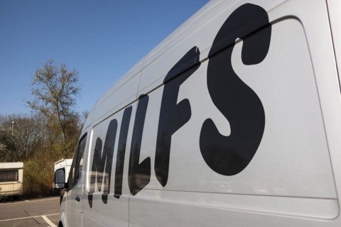 On Milf's modified lettering on a van of the car sharing provider Miles, Duesseldorf, Germany,